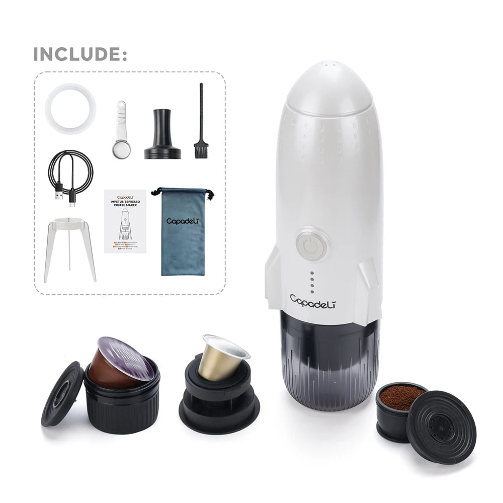 Portable Electric Espresso Coffee Maker – Self-Heating Travel Machine for Ground & Capsule Coffee