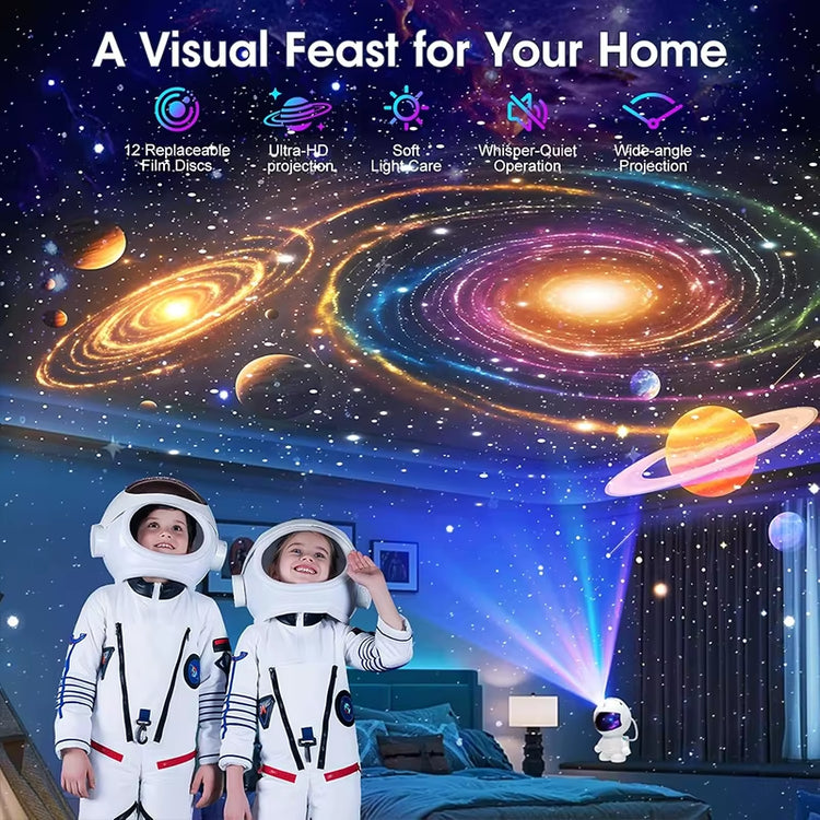 Astronaut Galaxy Projector showcasing colorful galaxies and stars with children in astronaut suits enjoying the visual display.