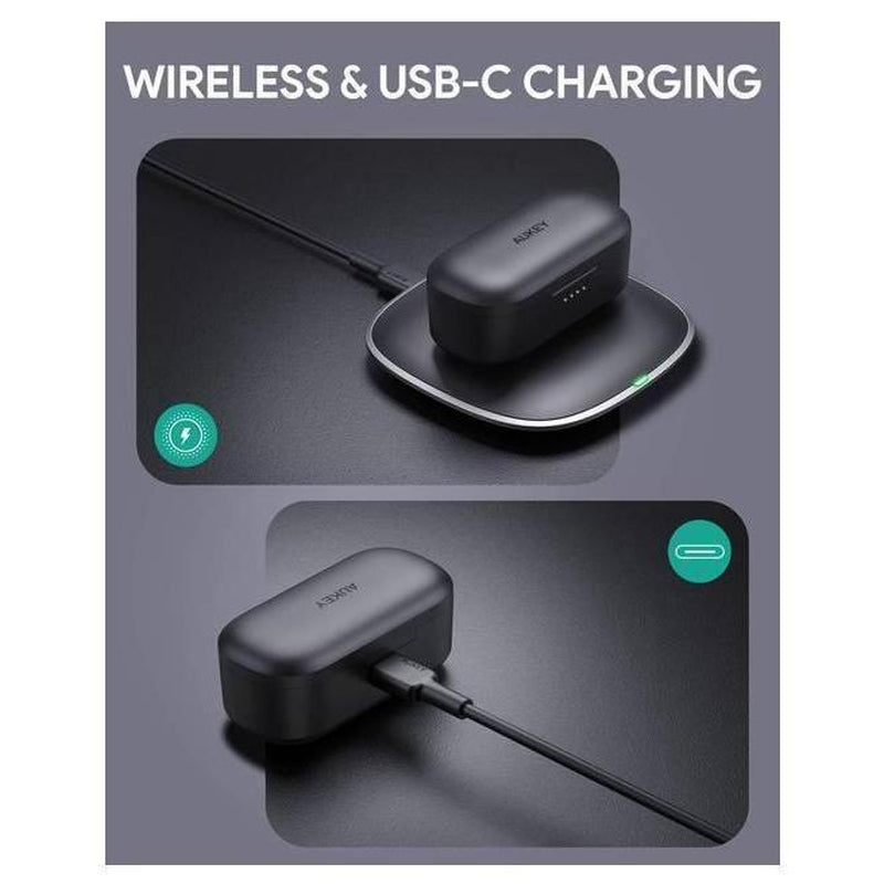 Aukey EP-T21P Wireless Earbuds charging with wireless and USB-C options.