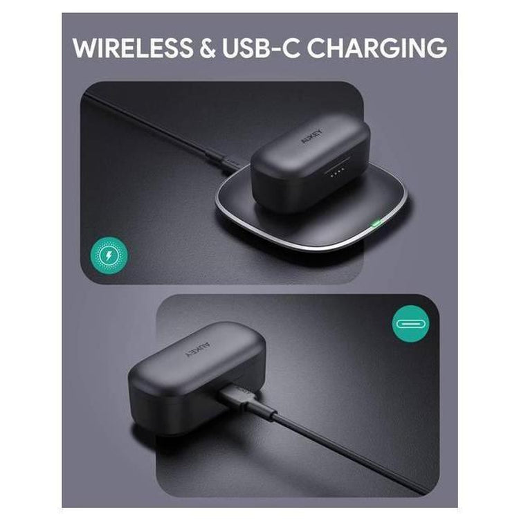 Aukey EP-T21P Wireless Earbuds charging with wireless and USB-C options.