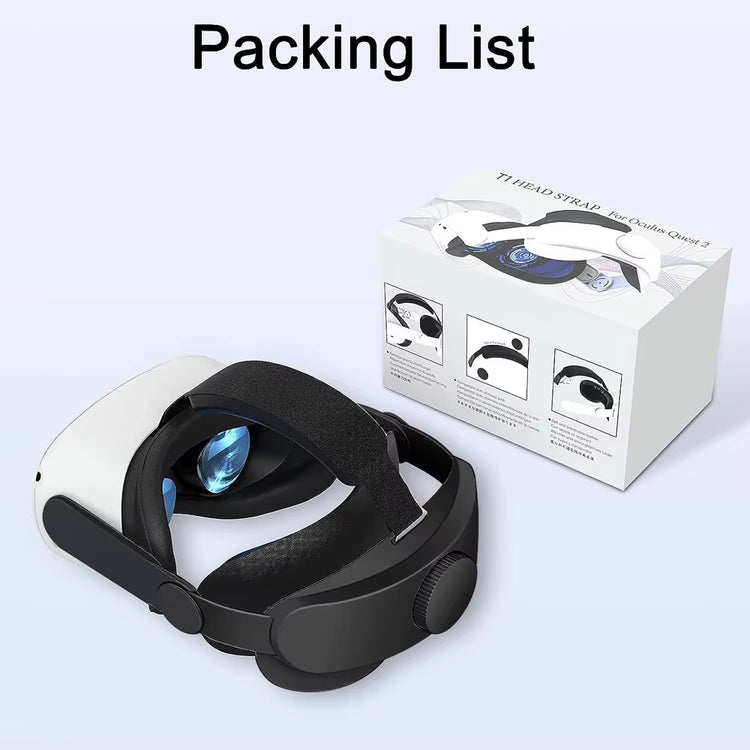 Meta Quest 3 Head Strap Upgrade packing list image featuring adjustable head strap and product packaging.