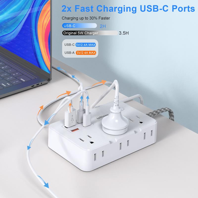 10Ft Flat Plug Extender, 6 Outlets + 4 USB (2 USB-C), Wall Mount. Perfect for Office, Travel & Dorm, Compact & Powerful