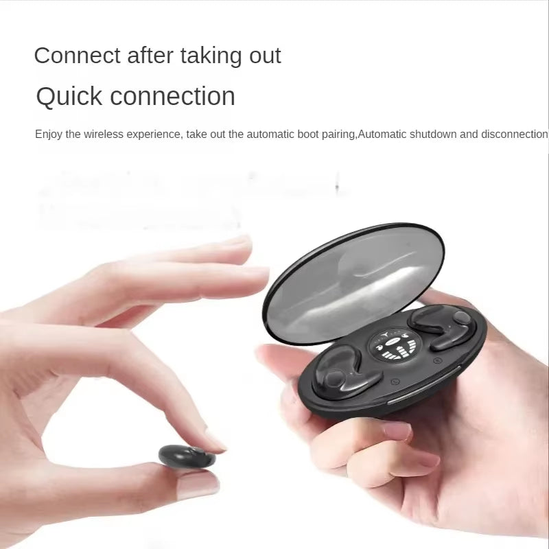 Invisible Sleep Wireless Earbuds in charging case showing quick connection features.