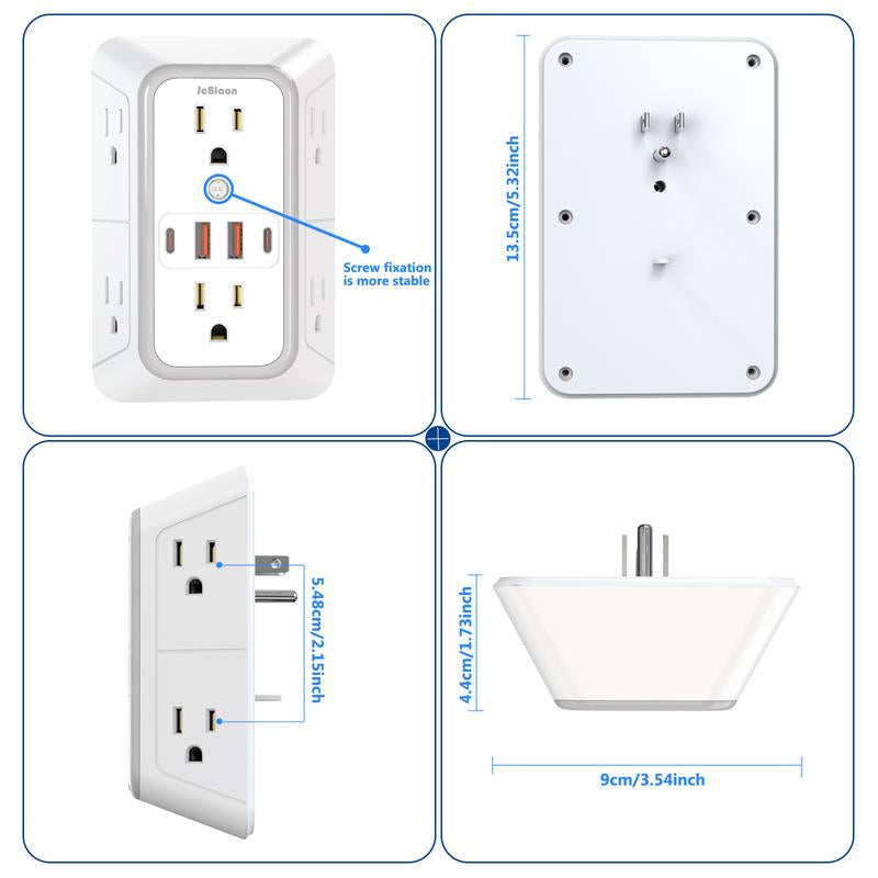 USB Wall Charger, 6 Outlet Extender with 4 USB Charging Ports 3-Sided Power Strip Multi Plug Outlets Wall Adapter Spaced for Home Travel Office