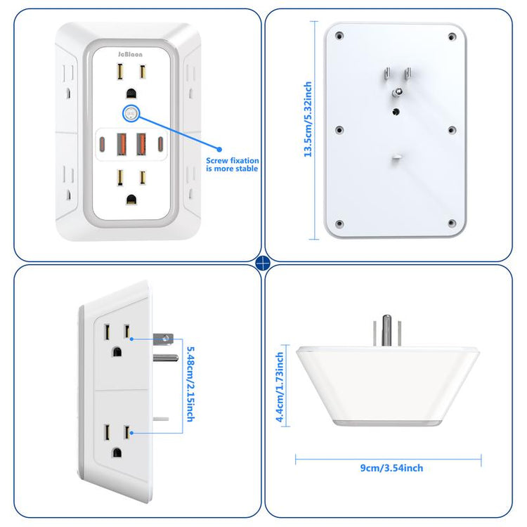 USB Wall Charger, 6 Outlet Extender with 4 USB Charging Ports 3-Sided Power Strip Multi Plug Outlets Wall Adapter Spaced for Home Travel Office