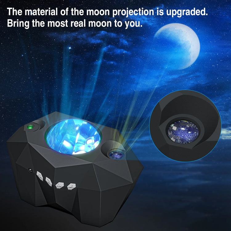 Galaxy Star Projector Night Light showcasing upgraded moon projection material for realistic moon ambiance.