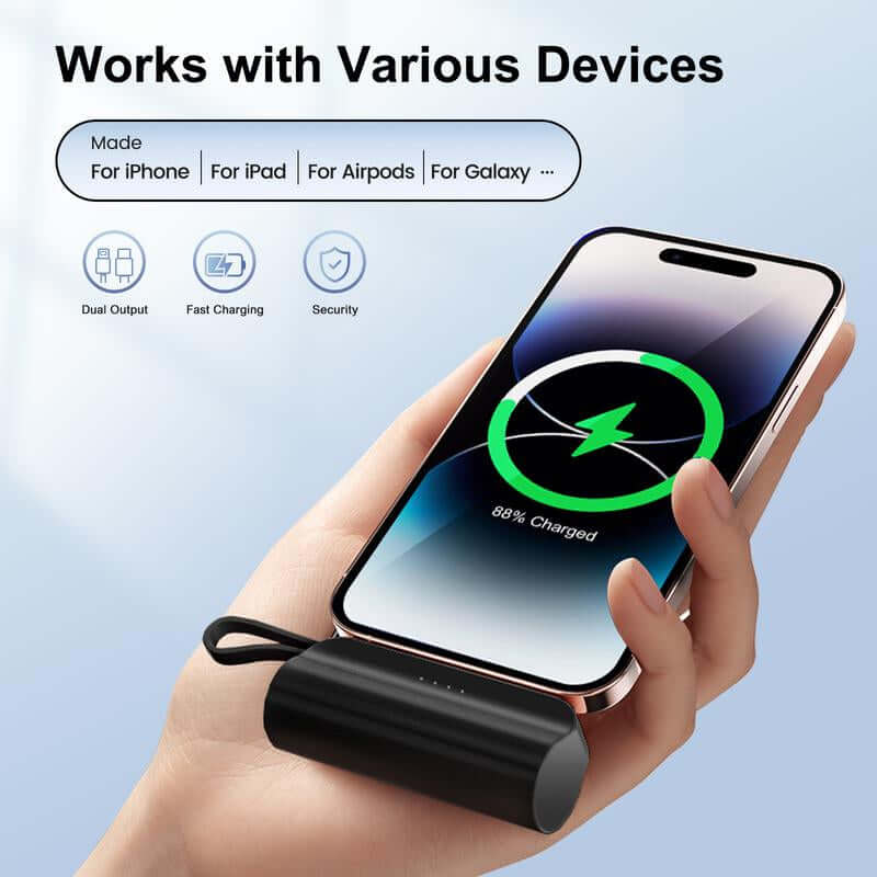 4500Mah Mini Power Bank with Built in 2 Cables & Lanyard - Ultra Compact Portable Charger Iphone,Android , Phone Holder, Charging Chargeable Black Smartphone Accessories