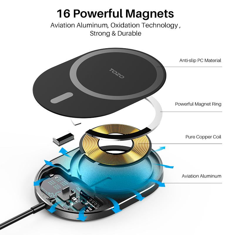 TOZO W10 Magnets Wireless Charger & USB C Charger Aviation Aluminum Computer Numerical Control Technology Fast Charging Compatible for Iphone Series Black Cellphone Smartphone Electronic Mobile Cellphone Smartphone Magnetic