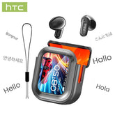 Bluetooth 6.0 Wireless Earphones – HTC NE20 LED Display with charging case and earbuds.