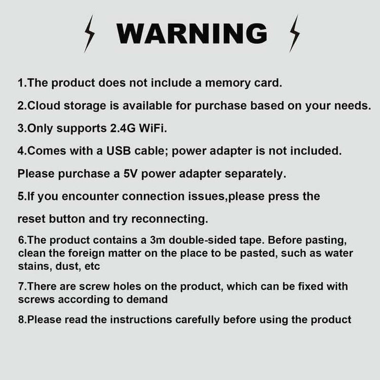 Warning information for WiFi Wireless Home Security Camera setup and usage.
