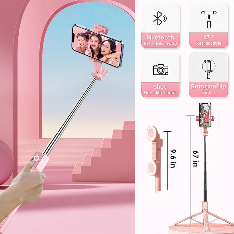IMOLI Upgraded 67-Inch Telescopic Multi-Function Mobile Phone Selfie Stick with Dual Fill Light, Built-In Tripod and Wireless Remote Control