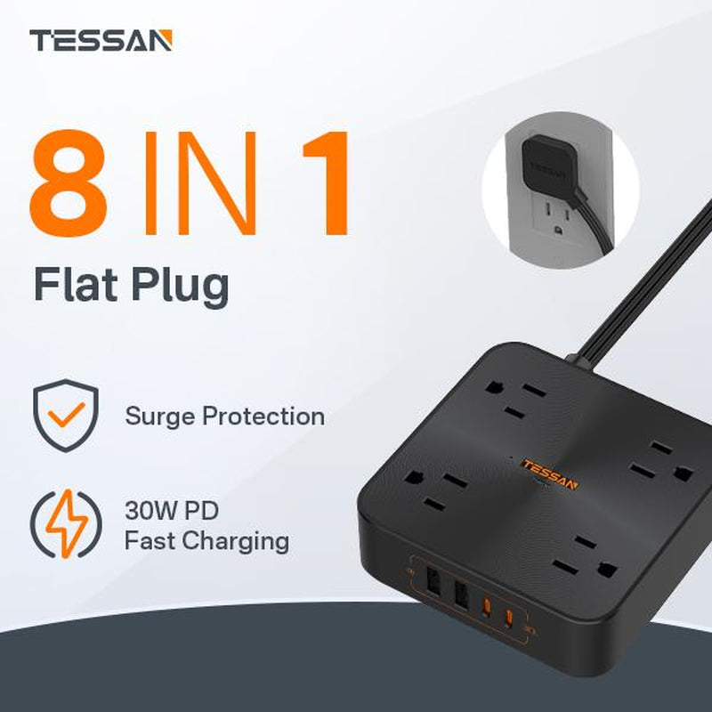 TESSAN Flat Plug Surge Protector Power Strip, 30W Fast Charging Station, 5FT Flat Extension Cord with 4 Outlets & 4 USB C, Wall Mount Compact Desk Charging Station for Office, Dorm, Home Essentials
