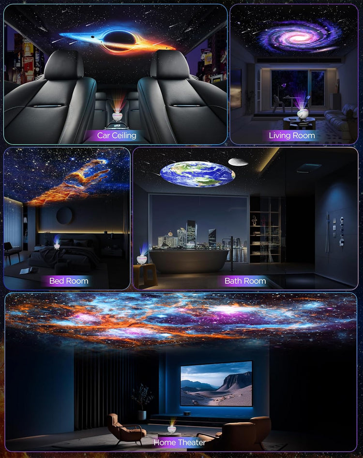 Planetarium Style Galaxy Projector showcasing various room settings including car ceiling, living room, and home theater.