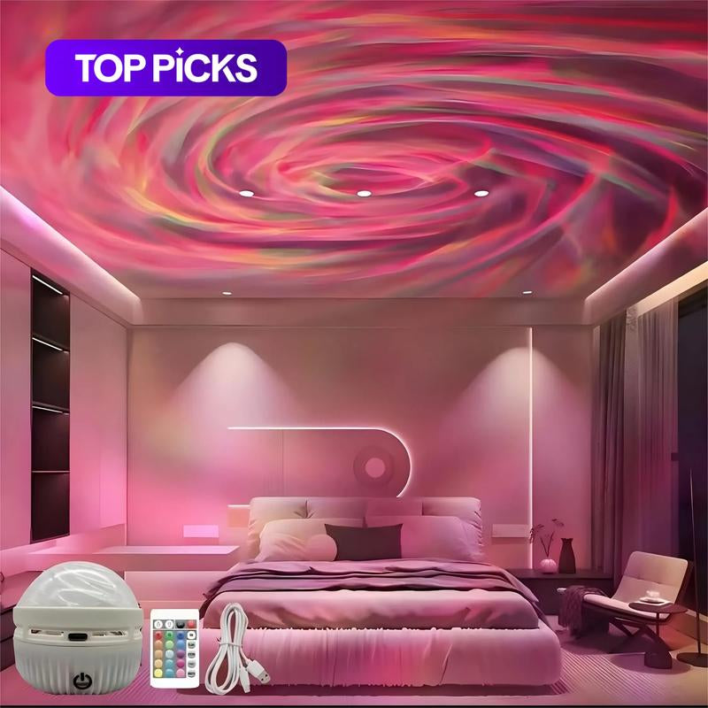Black Hole Aurora Projector showcasing a captivating water ripple effect on a bedroom ceiling.