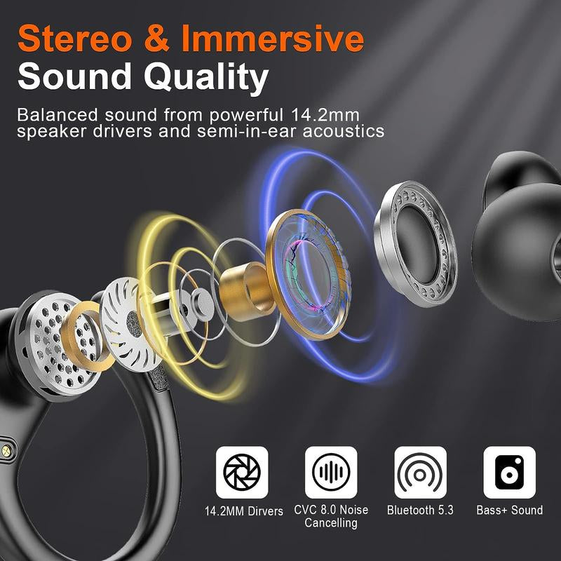 Ark Ecart Wireless Earbud, Bluetooth 5.3 Headphones Pure Bass Sound with Earhooks, 75H Battery Over-Ear Headphones, Audio Earphones Headset