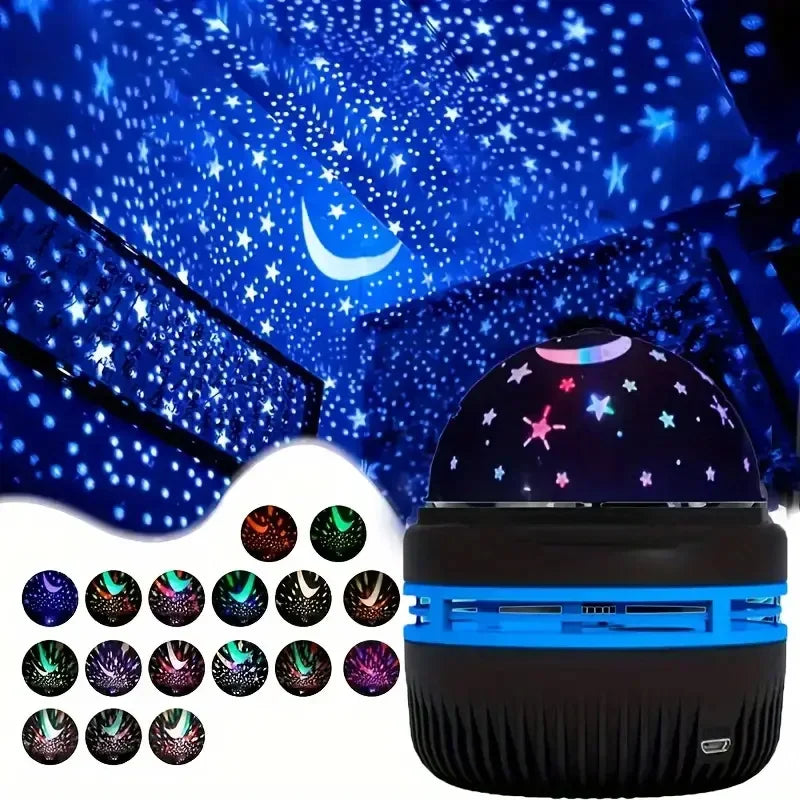 LED Starry Sky Projector displaying moon and star projections on a blue ceiling with various light patterns.