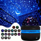 LED Starry Sky Projector displaying moon and star projections on a blue ceiling with various light patterns.