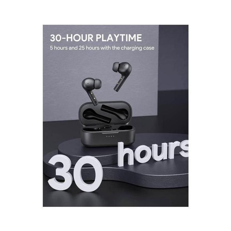 AUKEY EP-T21P Wireless Earbuds showcasing 30-hour playtime with charging case, emphasizing long-lasting battery life.