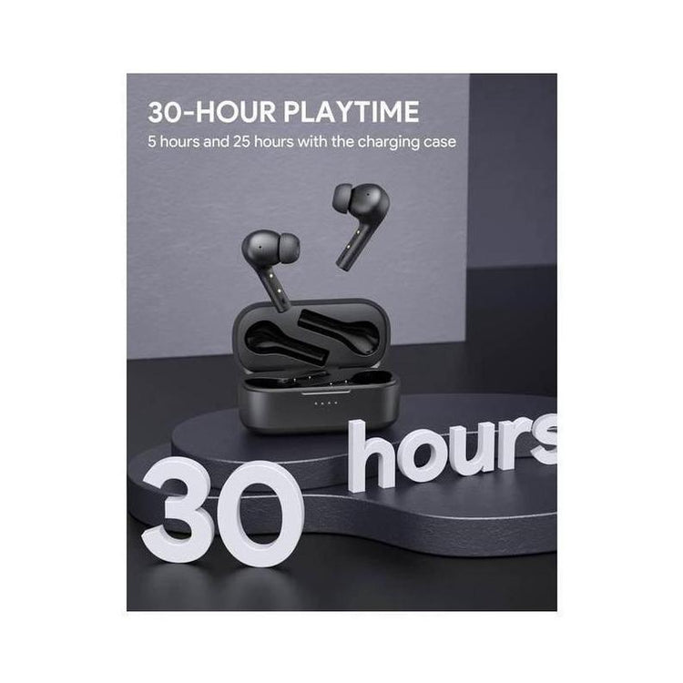 AUKEY EP-T21P Wireless Earbuds showcasing 30-hour playtime with charging case, emphasizing long-lasting battery life.