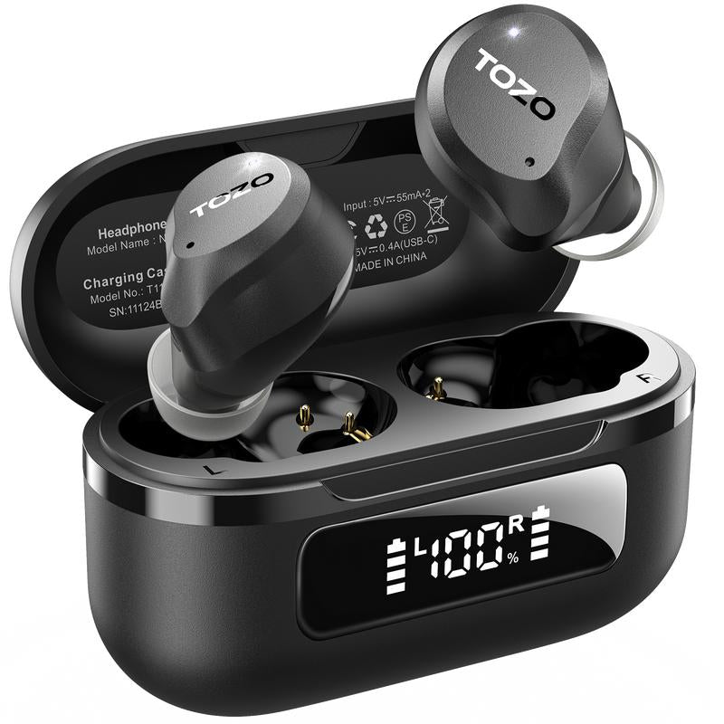 TOZO 2024NC9 Hybrid Active Noise Cancelling Wireless Earbuds ENC IPX8 Waterproof Bluetooth 5.3 Headphones Stereo Bass Heasets Headsets Audio Headphones Audifonos Traveling Gadgets Electronic Fathersdaygift Dark Black Microphone Charging