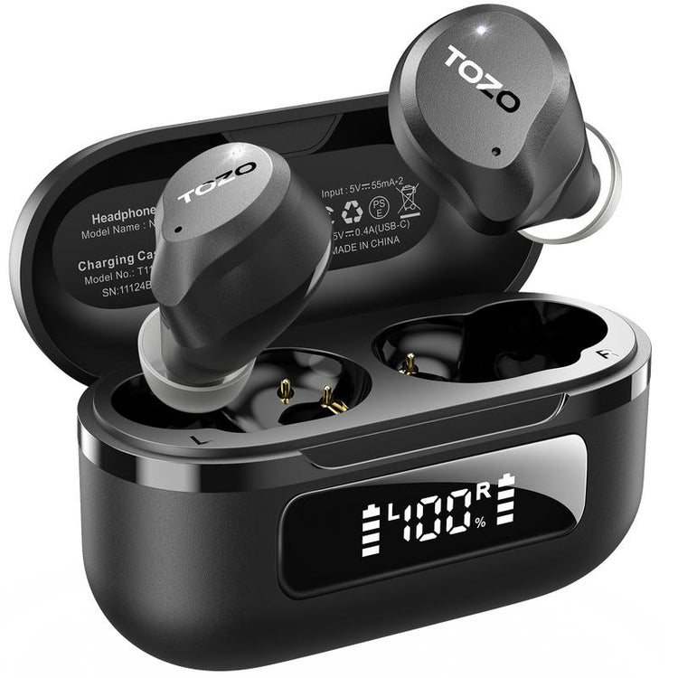 TOZO 2024NC9 Hybrid Active Noise Cancelling Wireless Earbuds ENC IPX8 Waterproof Bluetooth 5.3 Headphones Stereo Bass Heasets Headsets Audio Headphones Audifonos Traveling Gadgets Electronic Fathersdaygift Dark Black Microphone Charging