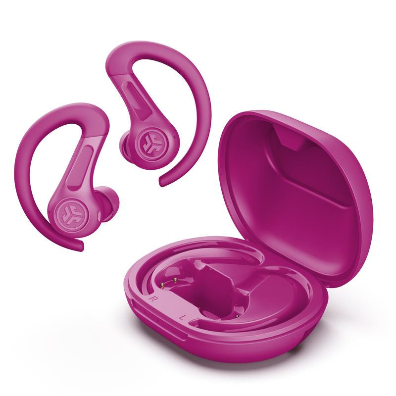 JLab JBuds Sport ANC 4 - Bluetooth earbuds in pink with charging case, designed for active lifestyles.