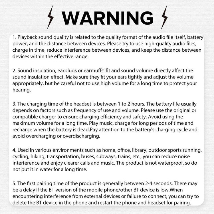 Warning about playback quality, charging, and usage conditions for Full Color Display Wireless Earbuds.