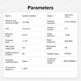 Full Color Display Wireless Earbuds parameters including weight, charging time, noise reduction, and connection distance.
