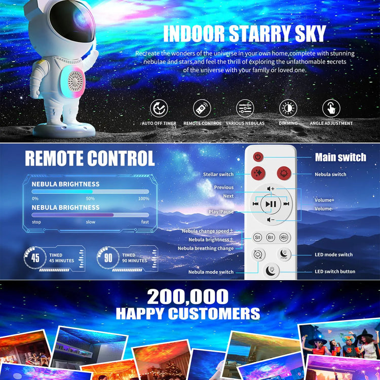 Astronaut Design Projector Night Light, USB Rechargeable Star Projector with BT Speaker, 360 Degree Adjustable Projector Lamp for Bedroom, Living Room, Audio