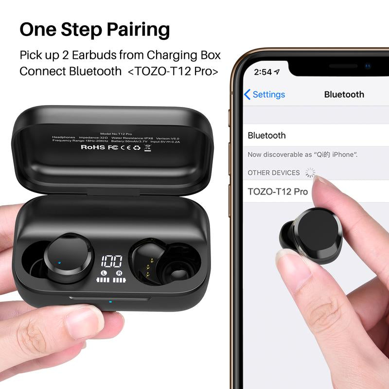 TOZO T12 Pro Wireless Earbuds – aptX Stereo, CVC 8.0 Noise Cancellation, IPX8 Waterproof, Touch Control, 2500mAh Charging Case