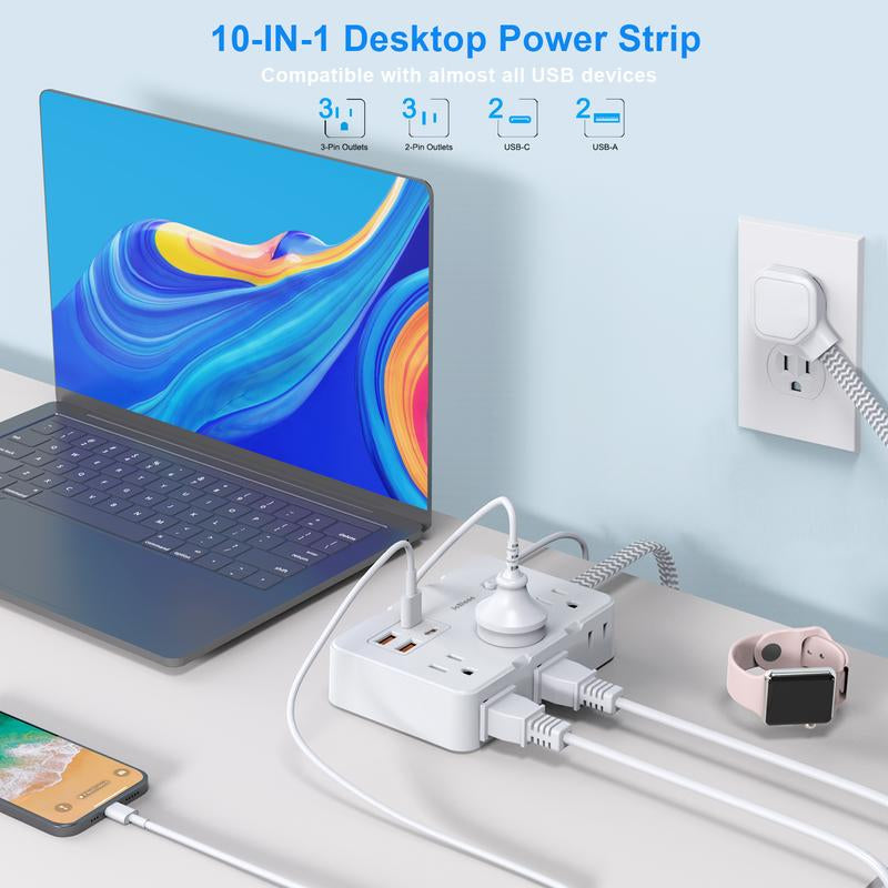 10Ft Flat Plug Extender, 6 Outlets + 4 USB (2 USB-C), Wall Mount. Perfect for Office, Travel & Dorm, Compact & Powerful