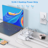 10Ft Flat Plug Extender, 6 Outlets + 4 USB (2 USB-C), Wall Mount. Perfect for Office, Travel & Dorm, Compact & Powerful