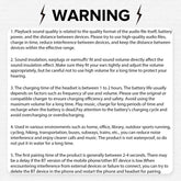 Warning about playback sound quality and charging for open ear wireless earbuds.