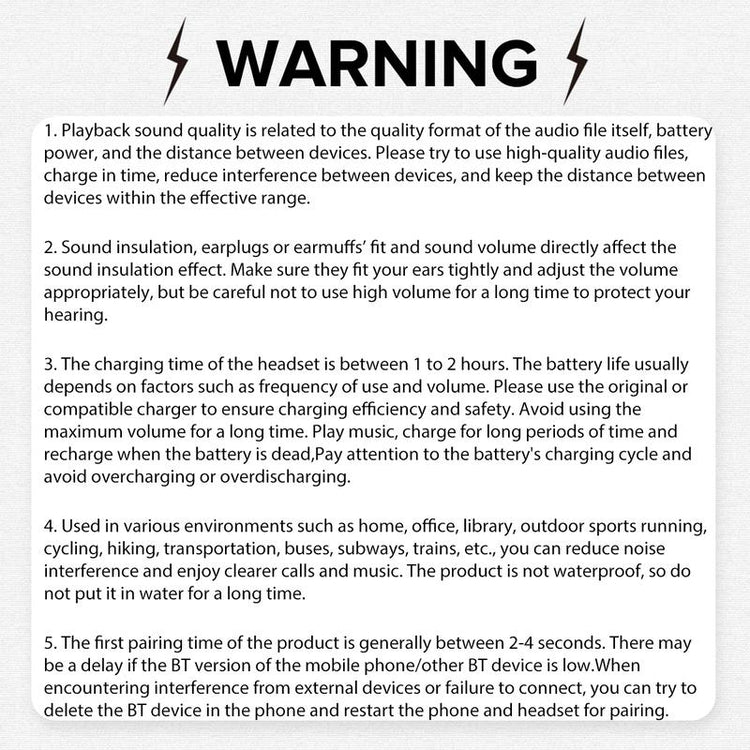 Warning about playback sound quality and charging for open ear wireless earbuds.