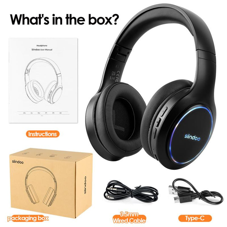 Siindoo Bluetooth Headphones over Ear, Led Light Wireless Headphones 120H Playtime and 3EQ Music Modes Wireless Headphones with Microphone, Hifi Stereo Foldable Lightweight Headset, Deep Bass for Home Office Cellphone PC