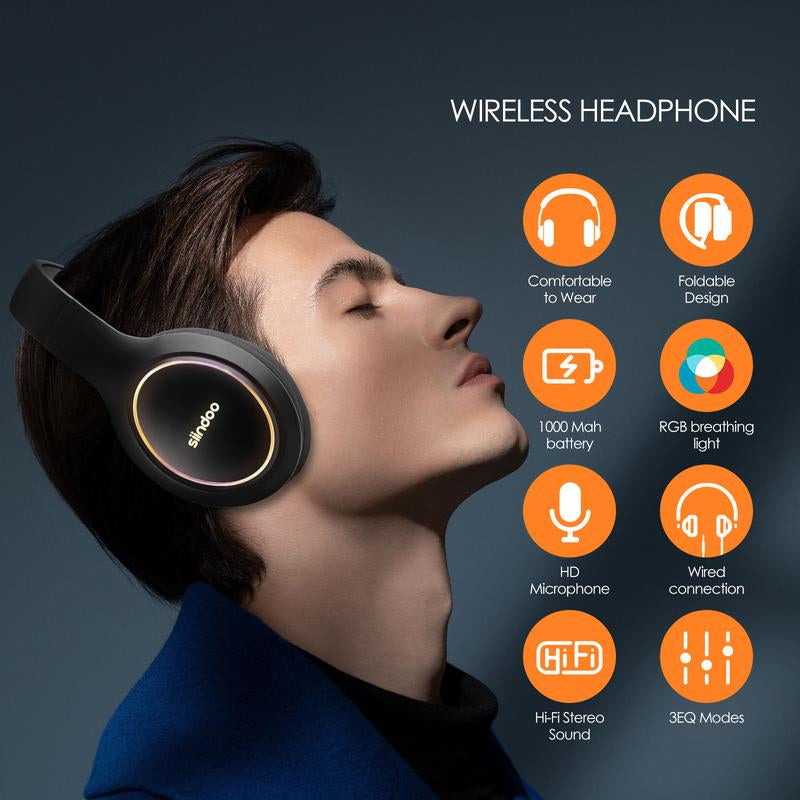 Siindoo Bluetooth Over‑Ear Headphones 120 Hrs Playtime RGB LED 3‑EQ Mic Foldable