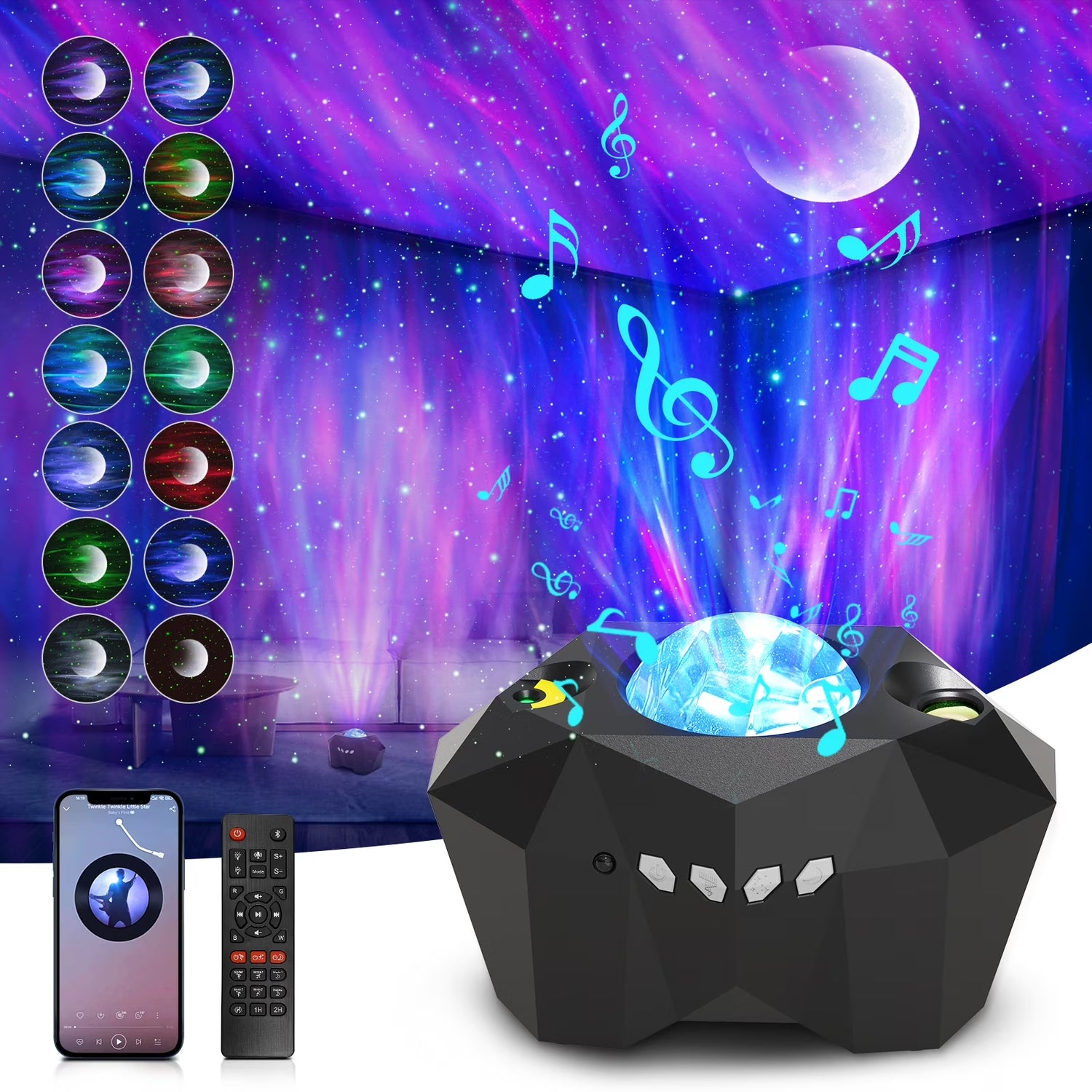 Galaxy Star Projector Night Light projecting colorful stars and nebula effects with remote control and Bluetooth speaker.