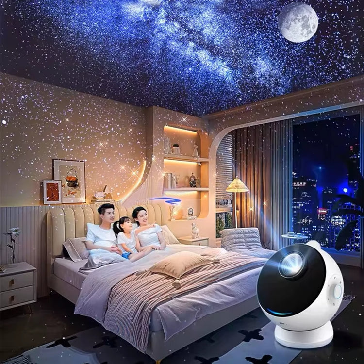 Meteor Star Projector Galaxy Night Light creating a starry sky in a cozy bedroom for relaxation and calming vibes.