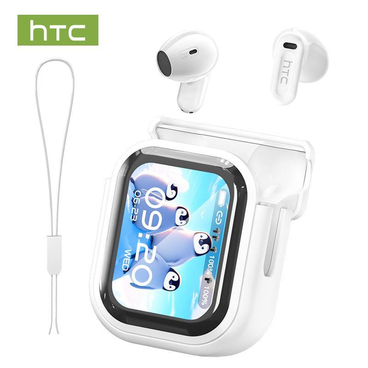 Bluetooth 6.0 Wireless Earphones – HTC NE20 with LED display and wireless earbuds in white color.