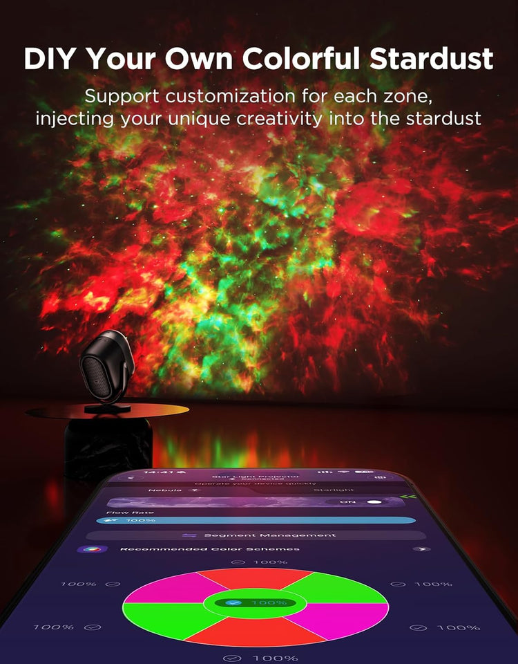 Aurora Wave LED Nebula Projector showing colorful stardust projection and customization app features.