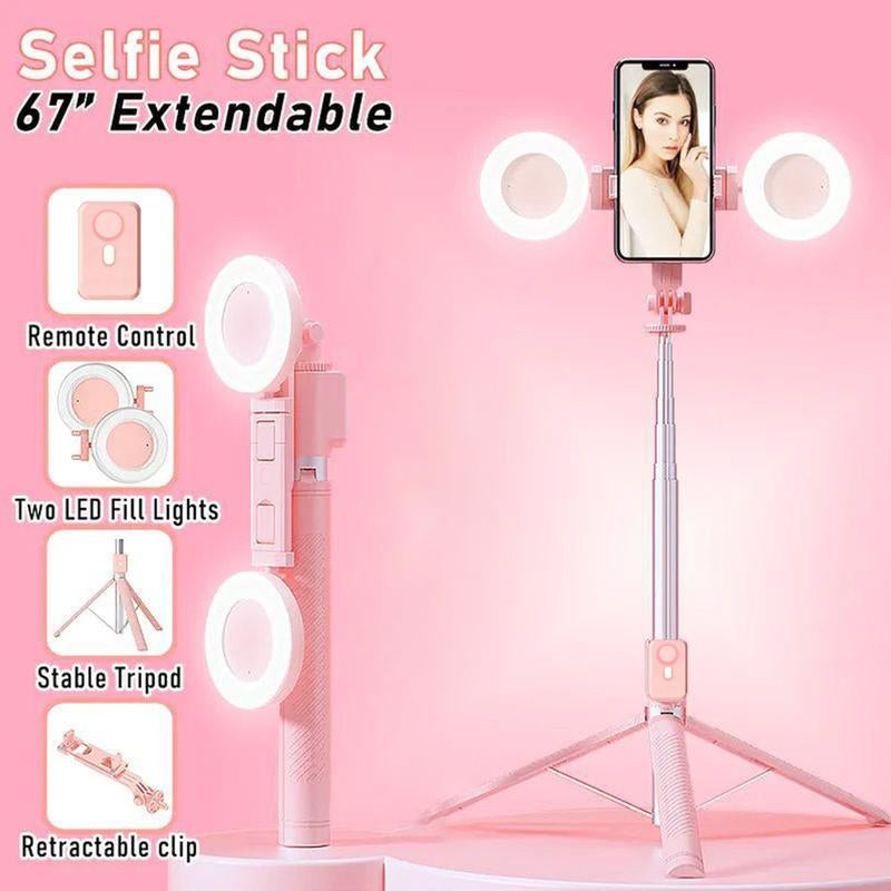 67″ Selfie Stick Tripod with Dual Ring Fill Lights & Wireless Remote – 360° for Vlog & Content Creator