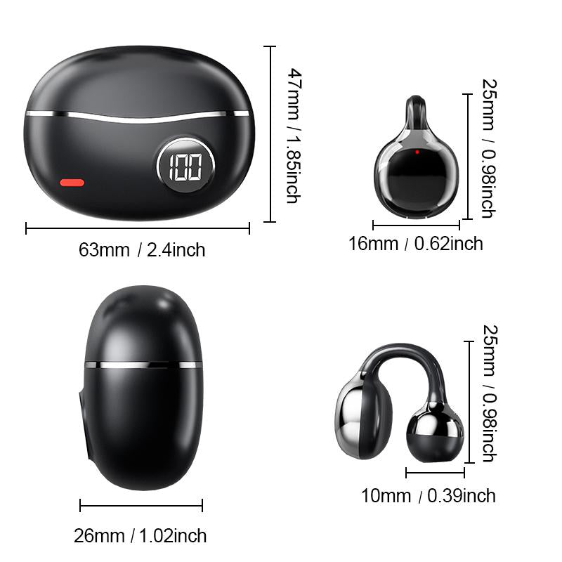 Open ear wireless earbuds dimensions and charging case design for sports use.
