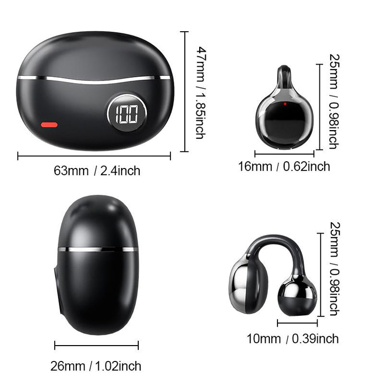 Open ear wireless earbuds dimensions and charging case design for sports use.