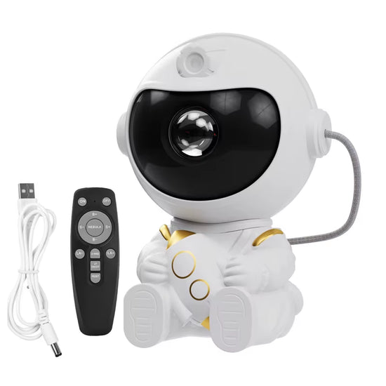 Astronaut Galaxy Projector with remote control and USB cable for immersive sound and light experience.