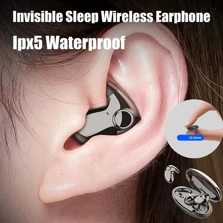 Invisible Sleep Wireless Earbuds in ear, showcasing ergonomic design and IPX5 waterproof feature.