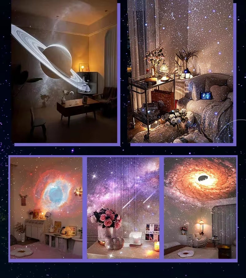 Meteor Star Projector Galaxy Night Light showcasing various designs of calming galaxy projections in cozy interiors.