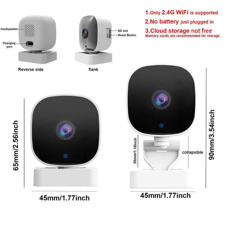 WiFi Wireless Home Security Camera showing features, size specifications, and connectivity options.