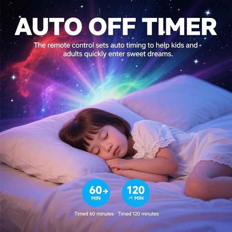 Child sleeping peacefully under stars with Astronaut Star Projector auto off timer for sweet dreams.