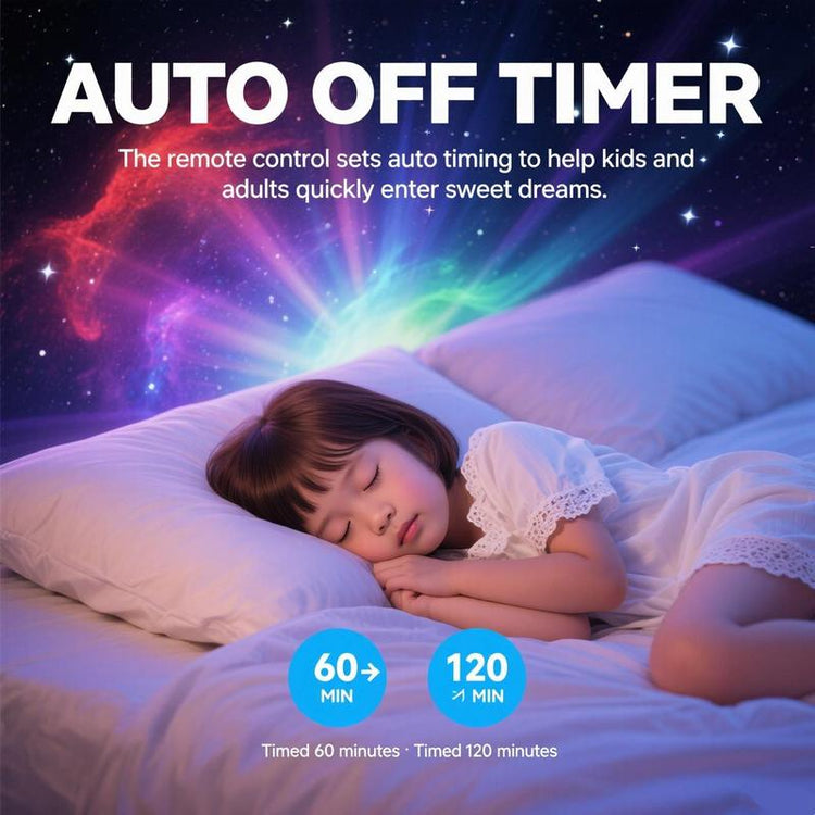 Child sleeping peacefully under stars with Astronaut Star Projector auto off timer for sweet dreams.