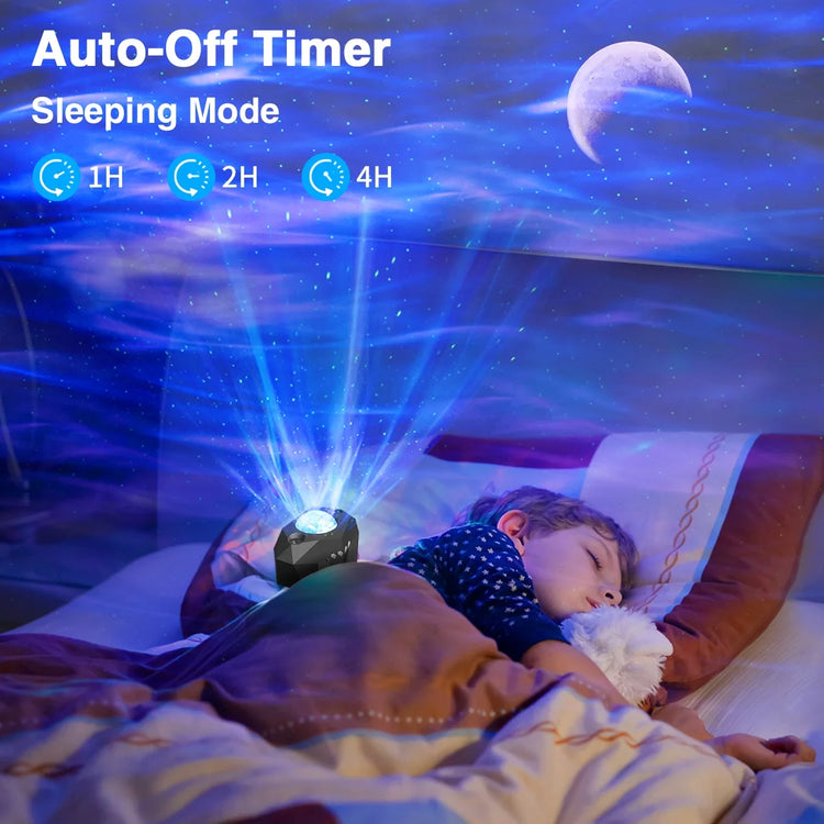 Galaxy Star Projector Night Light showing a child sleeping with starry projection and auto-off timer feature.